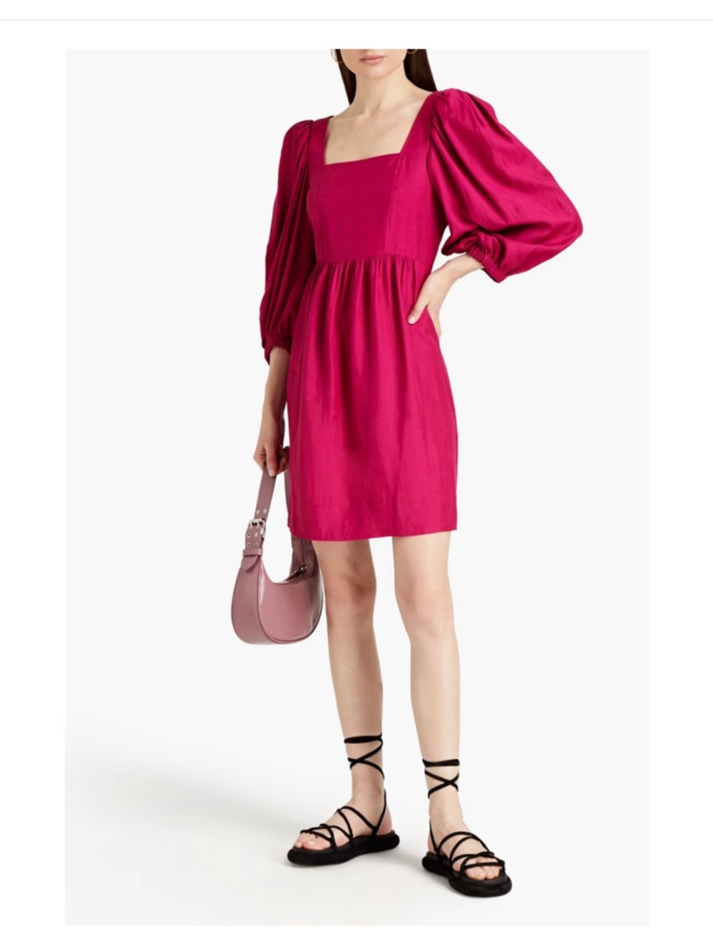 NWT ba&sh Fuchsia Framboise Puff-Sleeve Square-Neck Dress Robe Palerme L